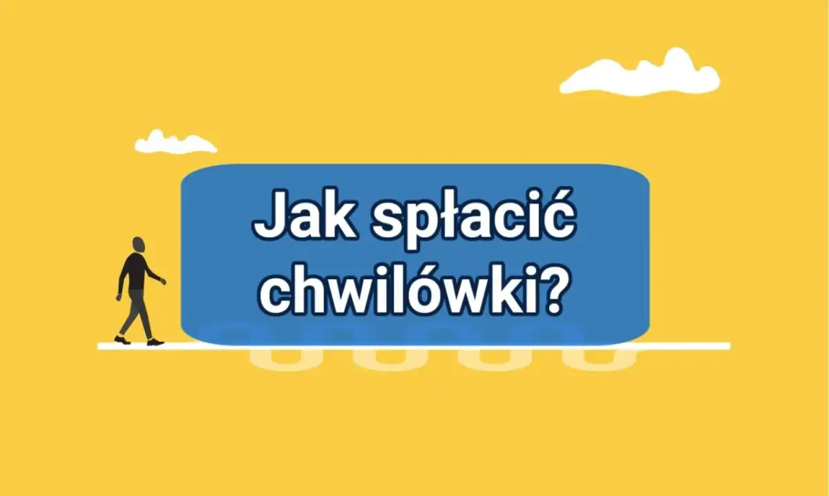 Grafika z pytaniem "Jak spłacić chwilówki?". Czy Vivigo można splacić na raty? Sylwetka człowieka idzie w stronę niebieskiego prostokąta.