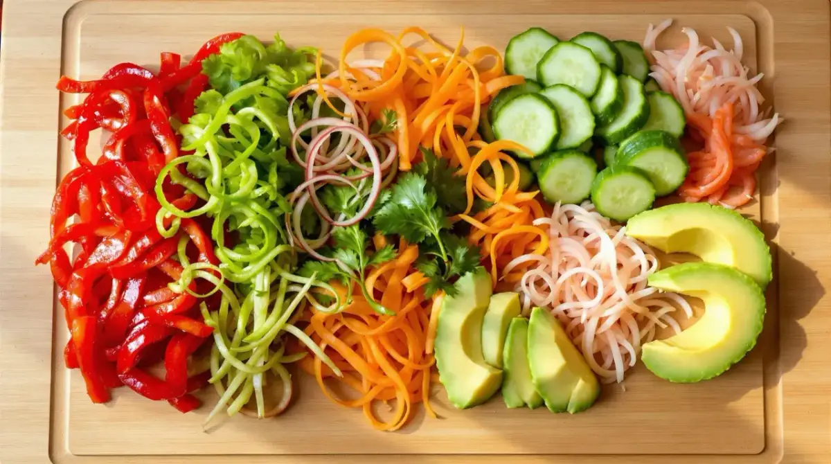 Pokrojone warzywa do sushi: papryka, ogórek, marchewka, awokado, cebula, kolendra.