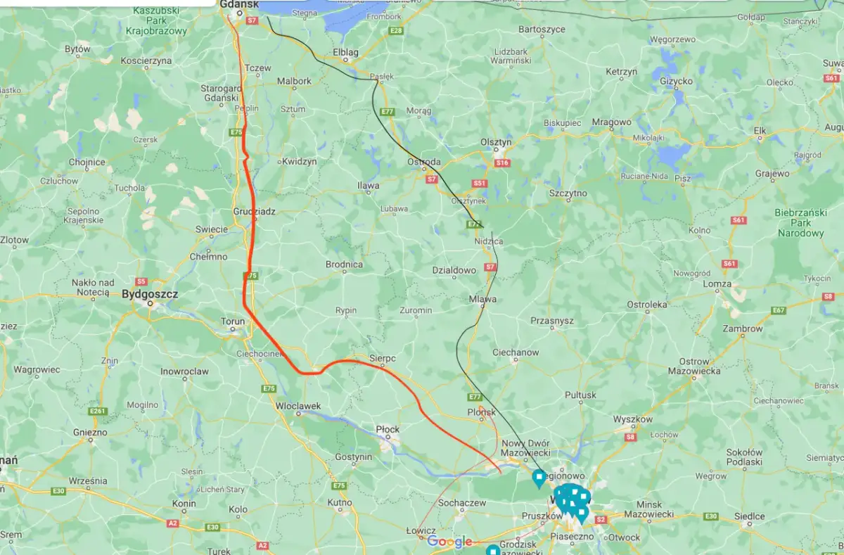 Mapa drogowa Polski z zaznaczoną trasą z Gdańska na południe.