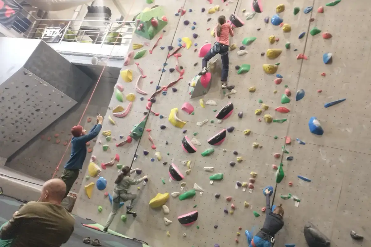 Wspinaczka tradowa na ściance. Kilka osób wspina się po kolorowych chwytach, a lina asekuracyjna wisi w dół.