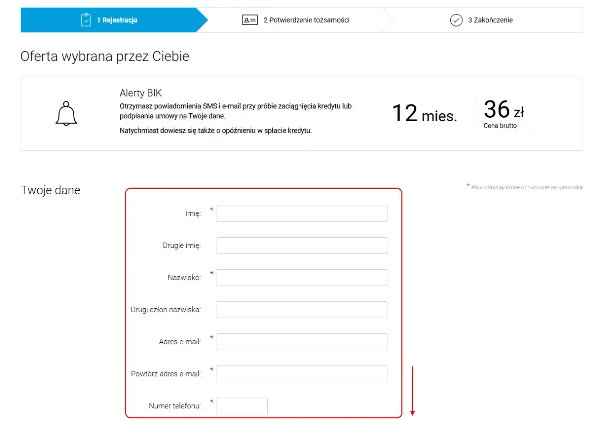 Formularz z danymi osobowymi, gdzie można sprawdzić, czy alerty BIK jest bezpieczny. Wypełniasz imię, nazwisko, adres e-mail i numer telefonu.
