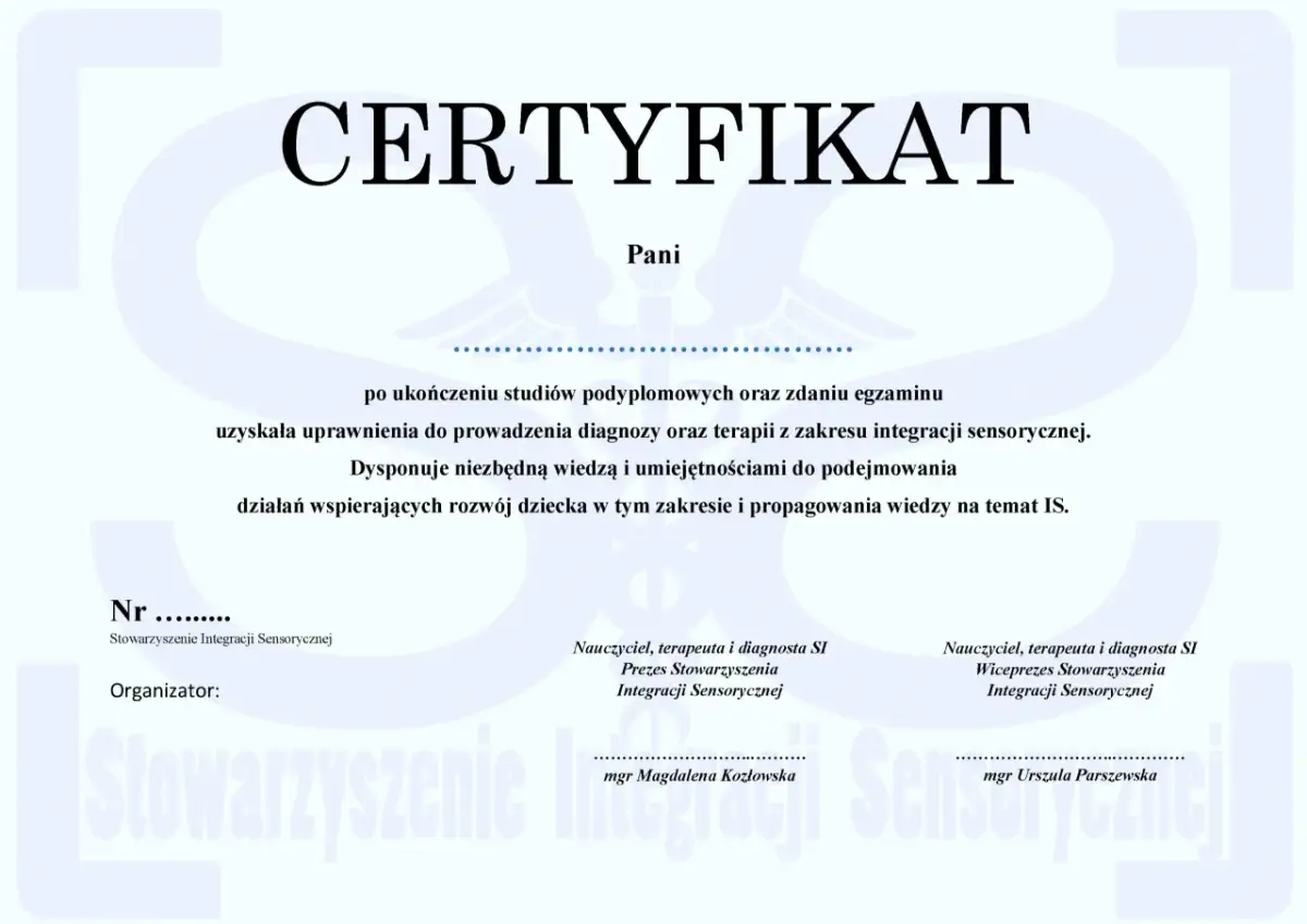 Certyfikat potwierdzający kwalifikacje do prowadzenia diagnozy i terapii z zakresu integracji sensorycznej. Dowiedz się, jak zostać terapeutą integracji sensorycznej.