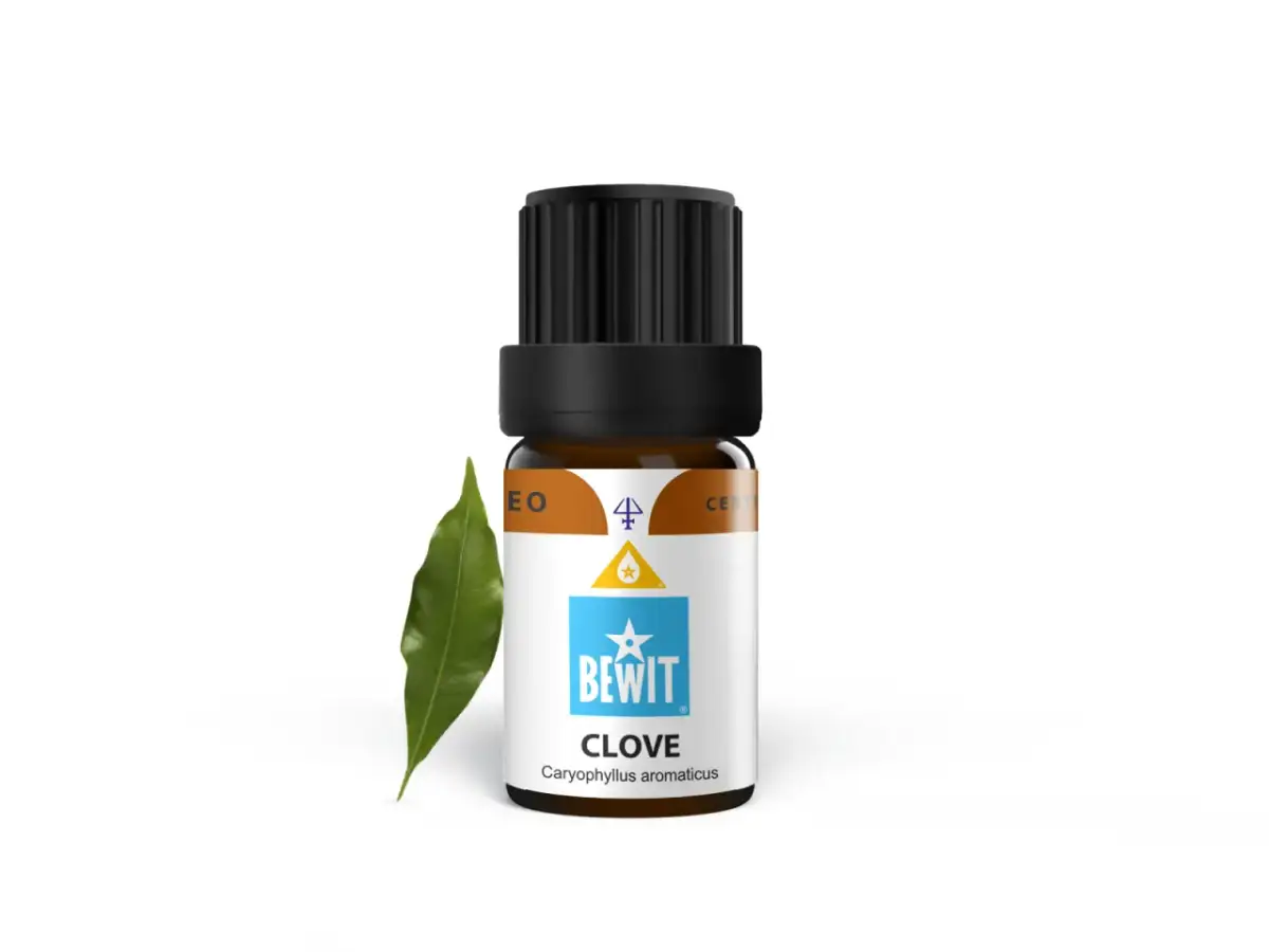 Butelka olejku goździkowego z liściem na białym tle.