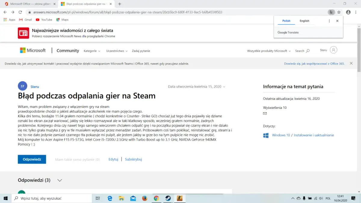 Zrzut ekranu z artykułu o błędach uruchamiania gier na Steam.