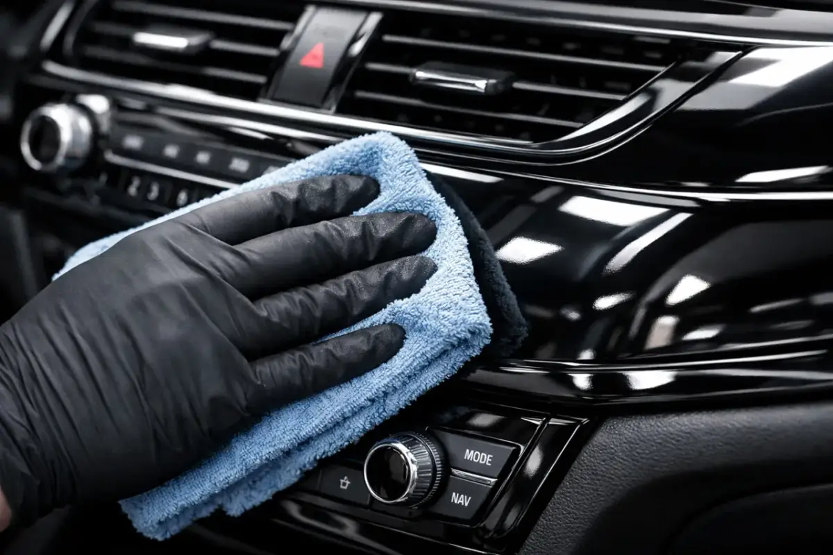 Rękawiczka i ściereczka z mikrofibry czyszczą błyszczące piano black we wnętrzu samochodu.