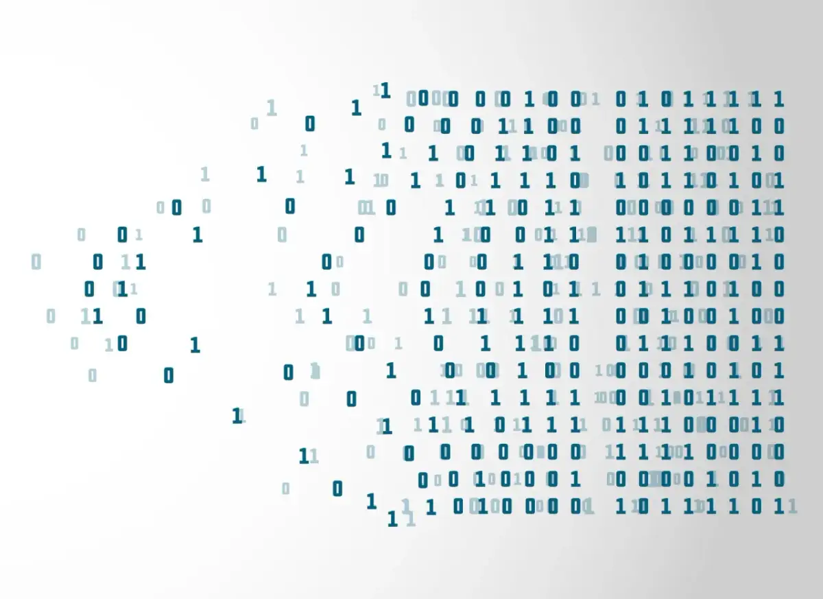 Cyfrowy kod binarny (zera i jedynki) rozrzucony na białym tle.