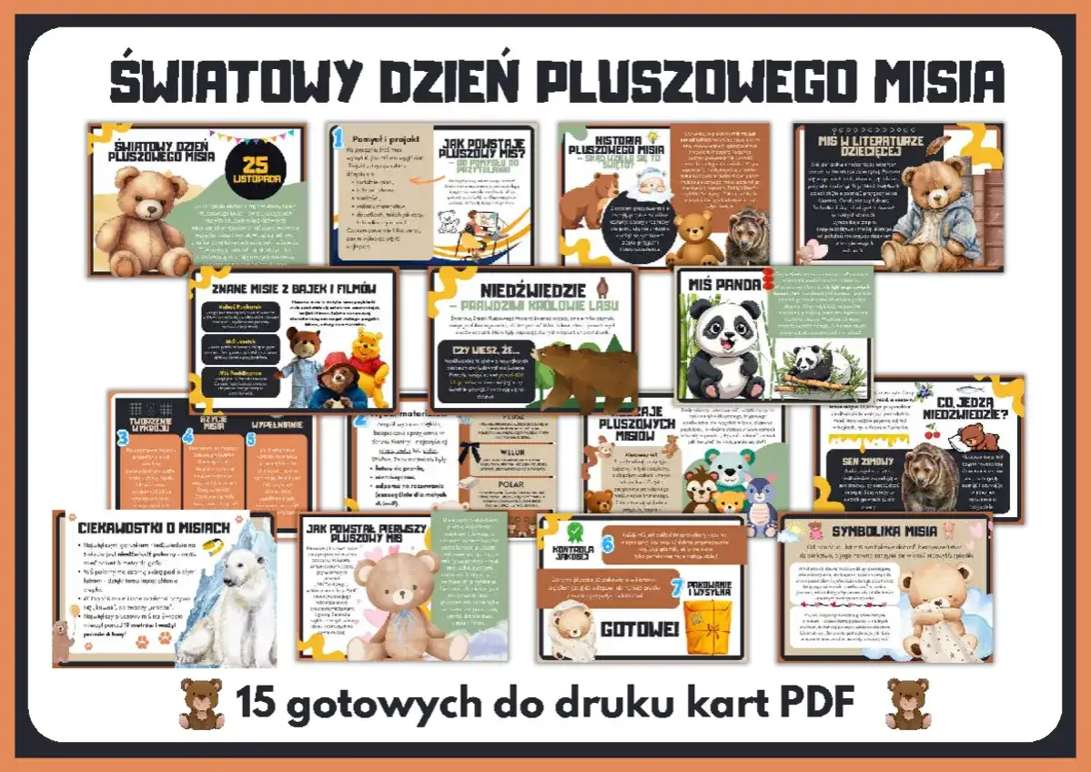 Kolaż grafik z pluszowymi misiami, niedźwiedziami i pandą, ilustrujący różne aspekty ich historii i tworzenia.