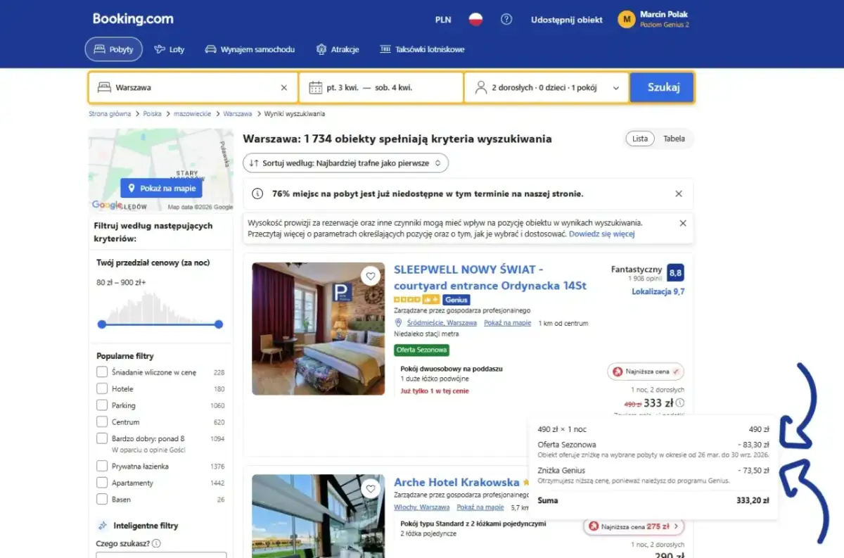 Wyniki wyszukiwania noclegów w Warszawie na Booking.com, z widocznymi cenami i filtrami.