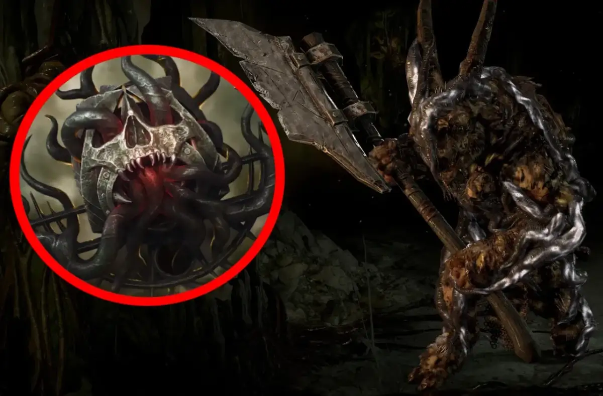 Potwór z toporem i czaszką otoczoną mackami w czerwonym okręgu.