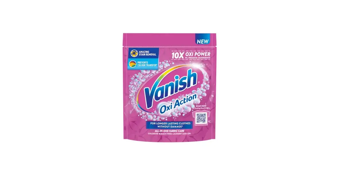 Opakowanie Vanish Oxi Action z różowym wzorem, bąbelkami i napisem "10X Oxi Power".