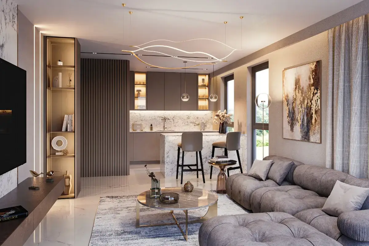 Nowoczesny salon z aneksem kuchennym. Zastanawiasz się, na co warto zwrócić uwagę kupując mieszkanie od dewelopera? Zobacz ten projekt!
