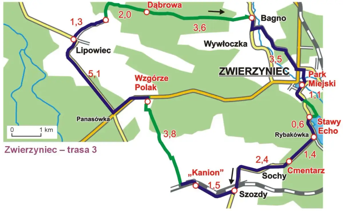 Mapa trasy rowerowej Zwierzyniec Florianka. Znajdziesz tu punkty takie jak Lipowiec, Bagno, Park Miejski, Stawy Echo, Cmentarz, Sochy, Szozdy i "Kanion".
