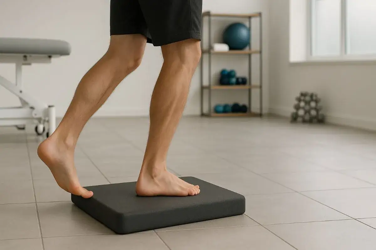 Ćwiczenia po złamaniu kości śródstopia: mężczyzna stawia stopę na podwyższeniu, rehabilitacja w gabinecie.