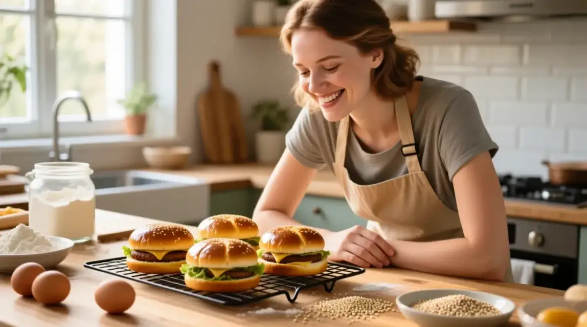 Une femme souriante prépare des pains à burger faits maison sur un plan de travail de cuisine.