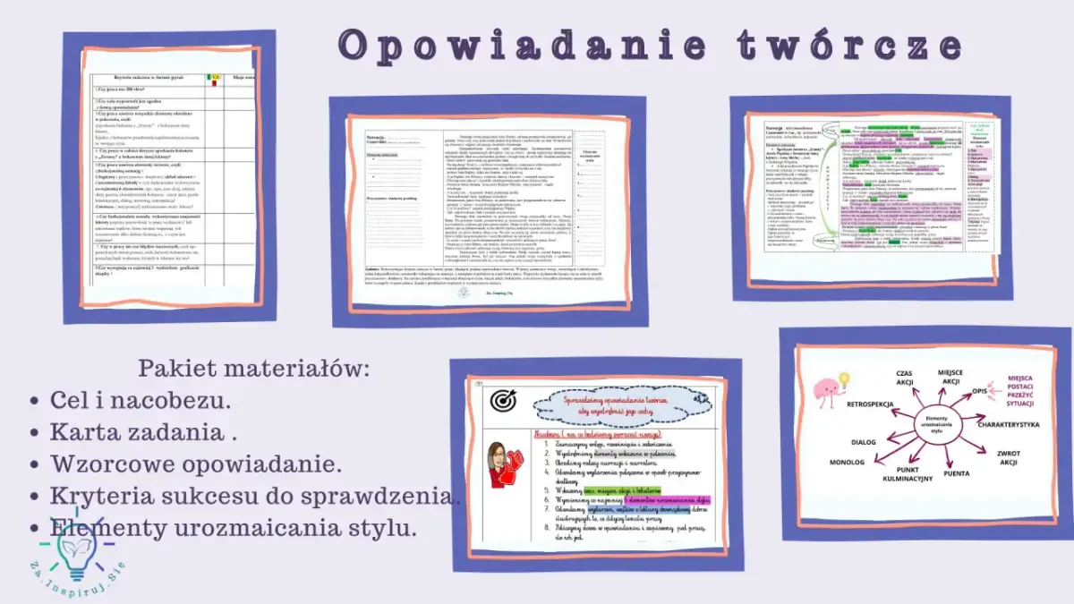 Zestaw materiałów do pisania opowiadań: schematy, listy kontrolne, przykłady i diagramy elementów stylu.