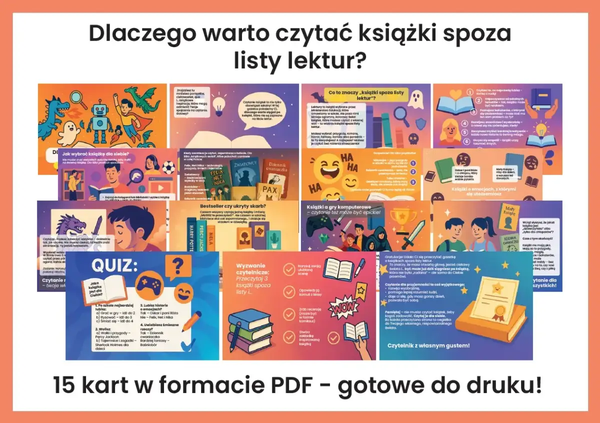 Ilustracja przedstawia kolaż grafik związanych z czytaniem, książkami i literaturą faktu.