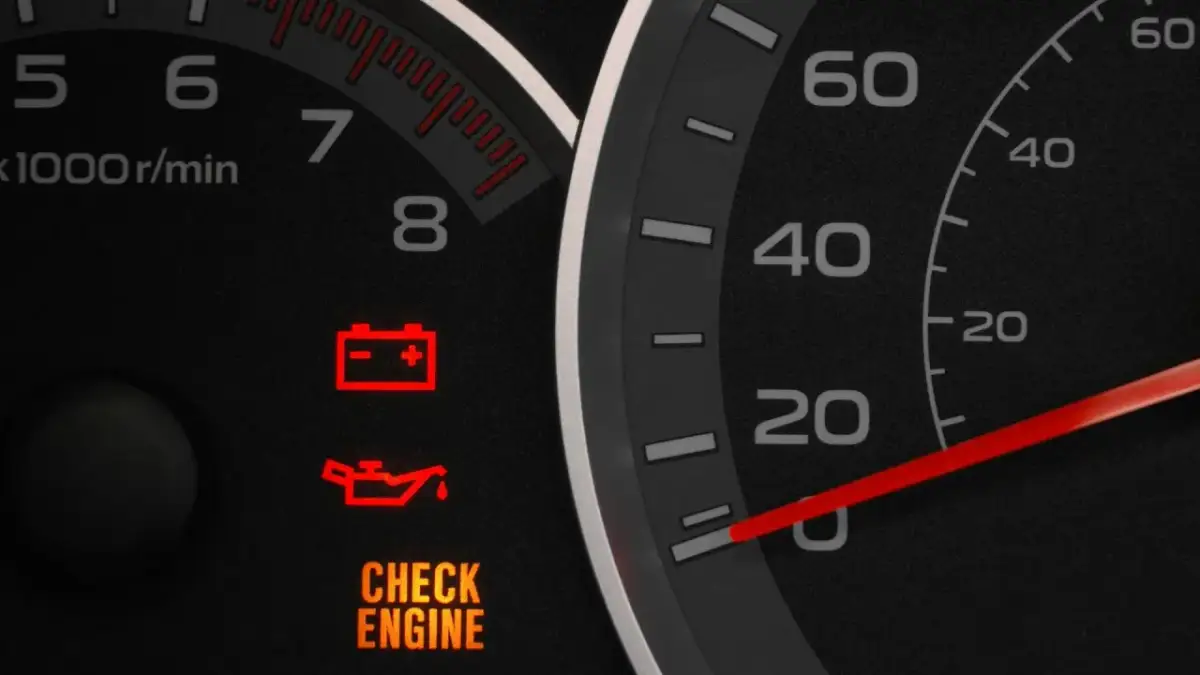 Kontrolki świecą: akumulator, ciśnienie oleju i "check engine". Auto nie odpala, co sugeruje poważny problem.