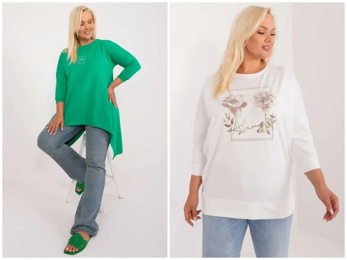 Dwie modelki plus size w bluzkach: zielonej asymetrycznej i białej z kwiatowym motywem.