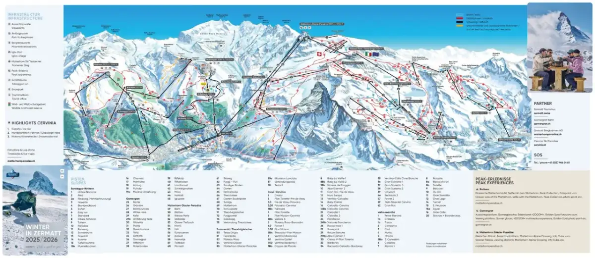 Mapa tras narciarskich z widokiem na Matterhorn od strony włoskiej. Obejmuje trasy, wyciągi i punkty widokowe.