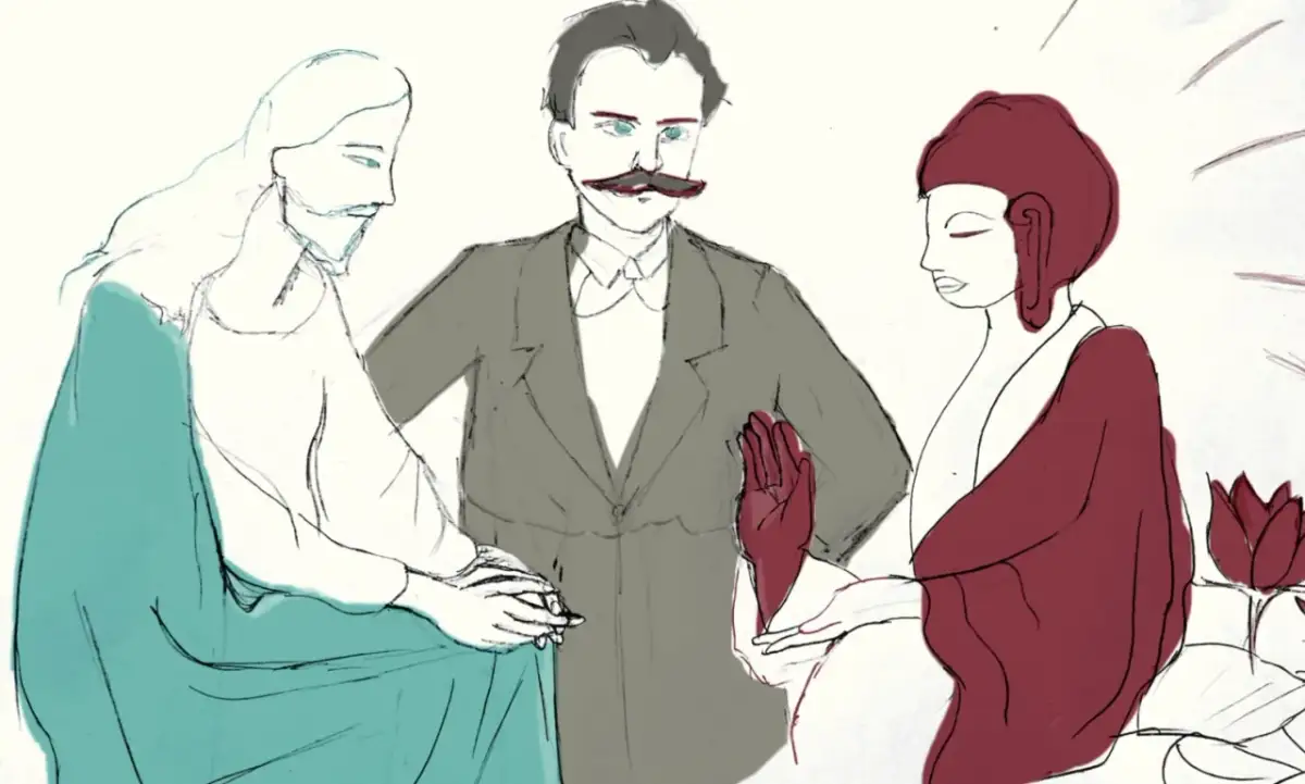 Nietzsche, Jezus i Budda w dyskusji. Filozofia kontra wiara. Interpretacja tego spotkania jest otwarta.