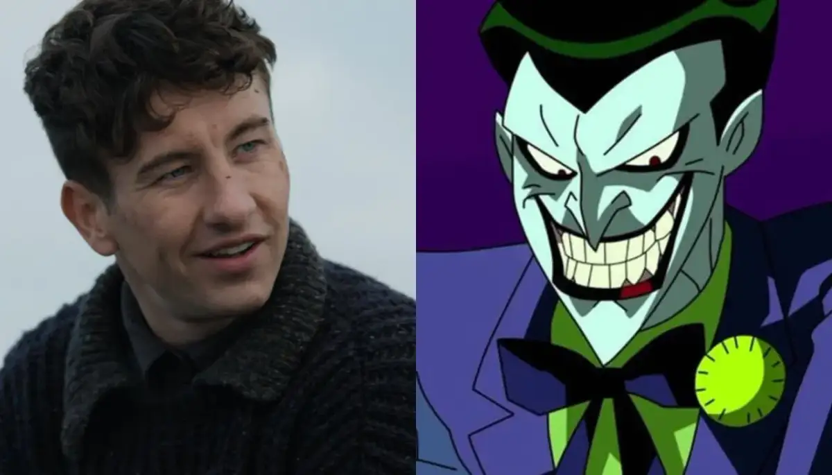 Barry Keoghan jako Joker, obok animowanej wersji tej postaci.