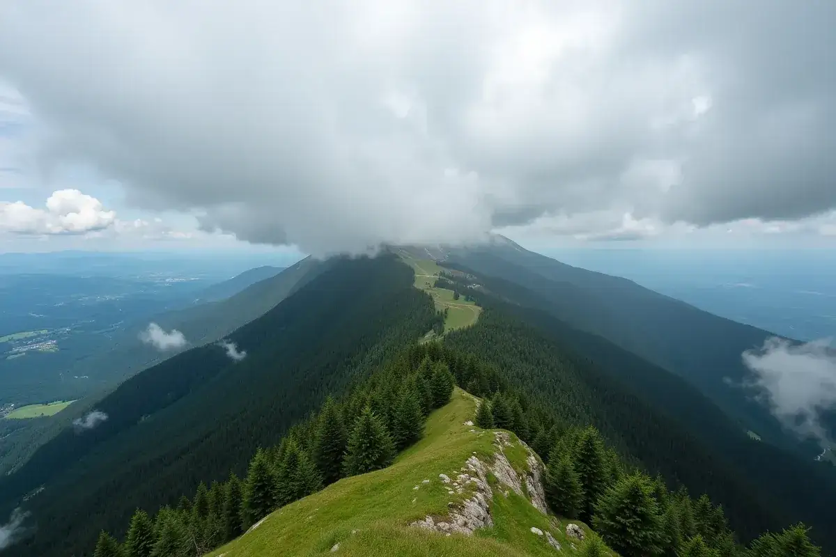 Widok z grzbietu górskiego na Babiej Górze, gdzie chmury otulają szczyt.
