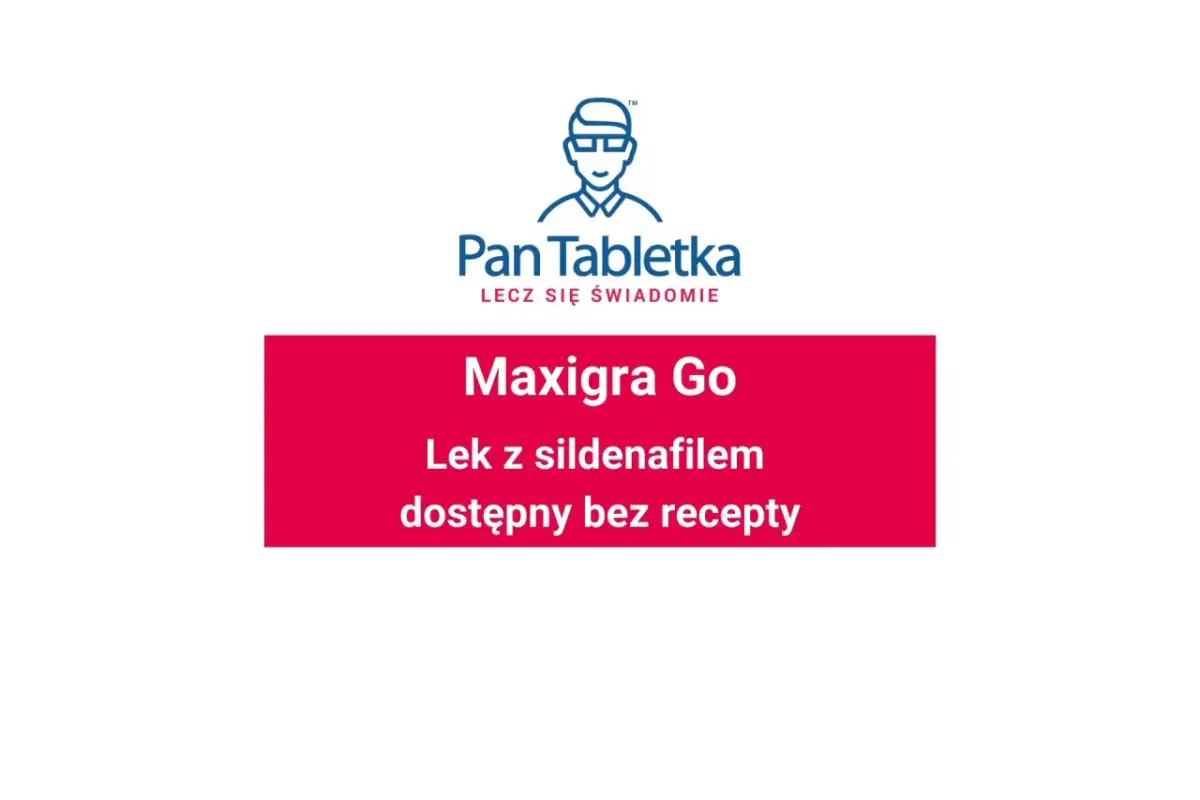 Logo "Pan Tabletka" i czerwony prostokąt z napisem "Maxigra Go Lek z sildenafilę dostępny bez recepty".