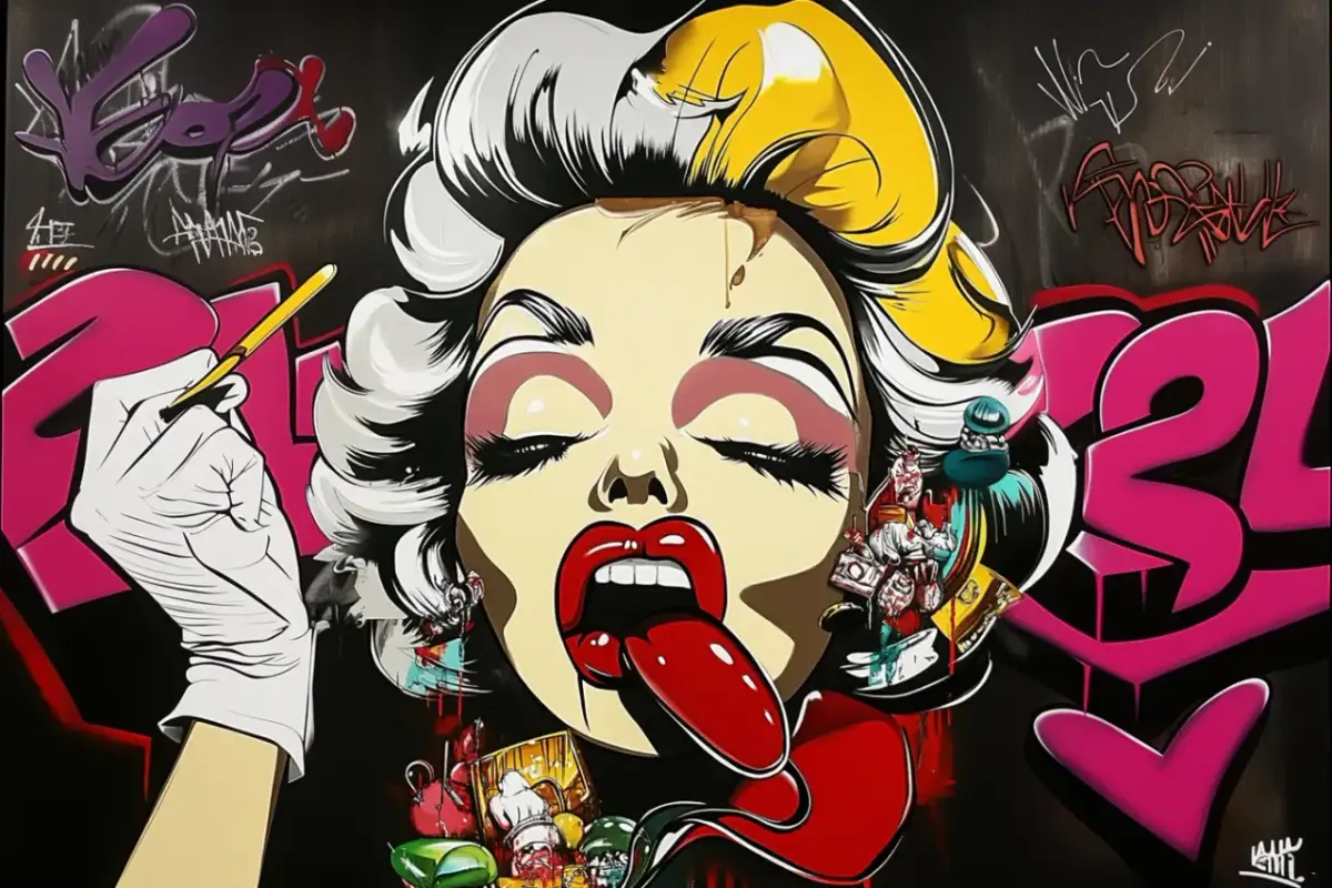 Pop art przedstawiciele w stylu graffiti: Marilyn Monroe z językiem na wierzchu, trzymająca pędzel. Kolorowe napisy i symbole.