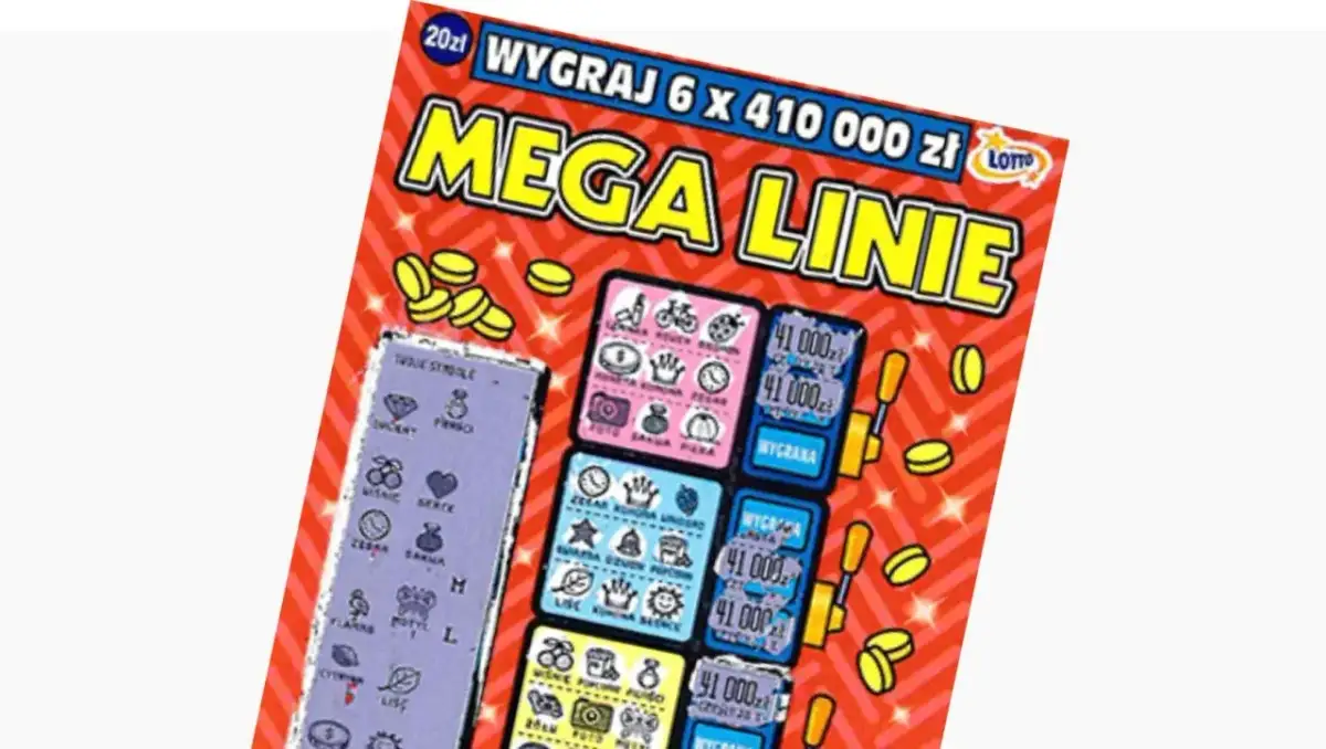 Zdrapka Lotto "Mega Linie" z symbolami i polami wygranej.