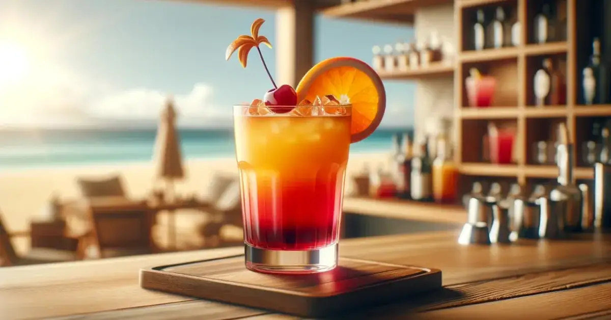 Kolorowy drink na plaży, idealny na wakacje. Czy to Cosmopolitan kontra Sex on the Beach?