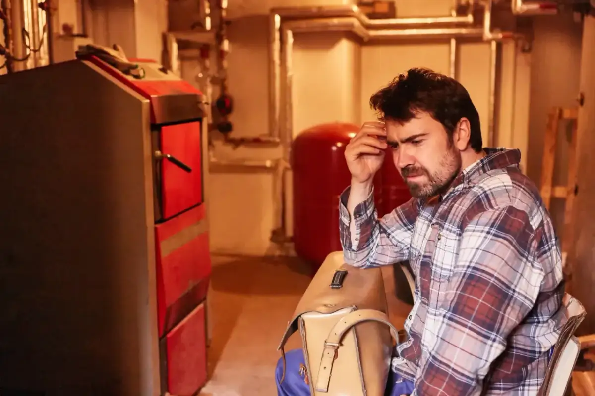 Zamyślony mężczyzna w kratę obok pieca. Zastanawia się, ile bierze hydraulik za podłączenie pieca.