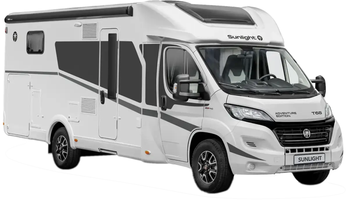 Biały kamper Sunlight T68 Adventure Edition, idealny kamper na 5 osób, gotowy na przygodę.