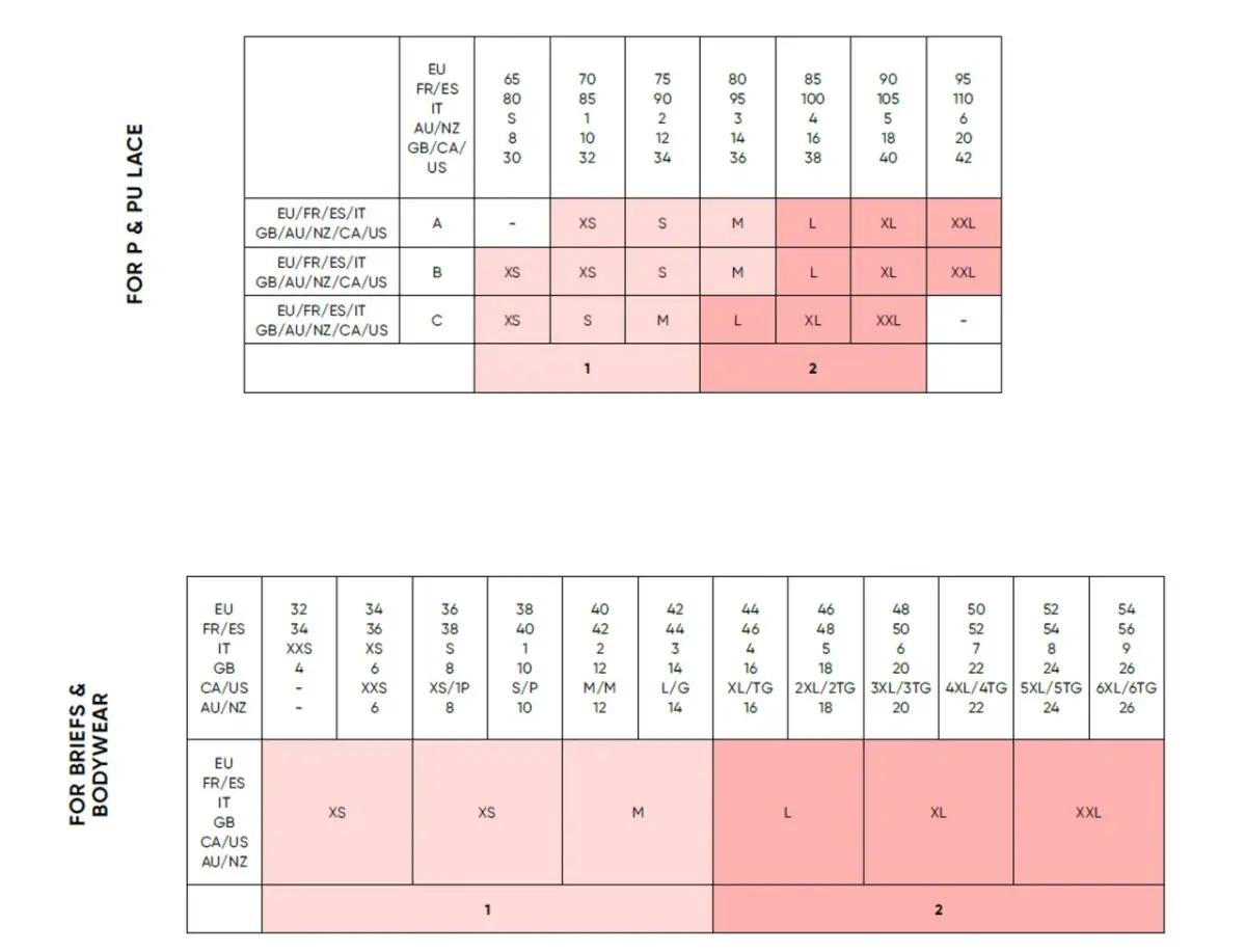 Tabela rozmiarów bielizny: 65f jaki to rozmiar? Sprawdź porównanie EU, FR/ES, IT, AU/NZ, GB/CA/US dla koronkowej i bawełnianej bielizny.
