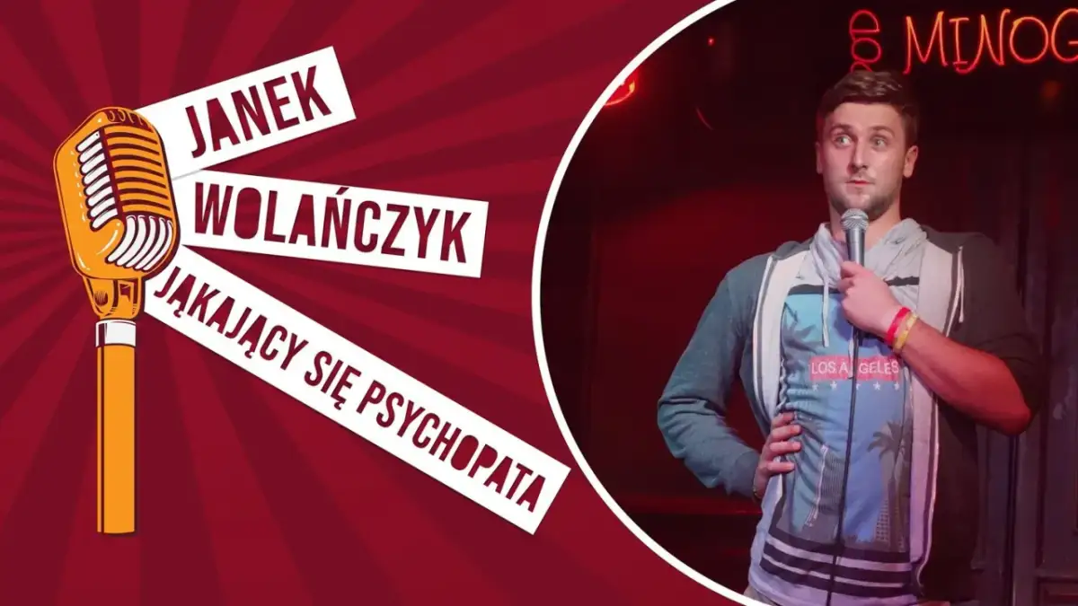 Janek Wolańczyk, stand up komik, w swoim występie "Jąkający się psychopata".