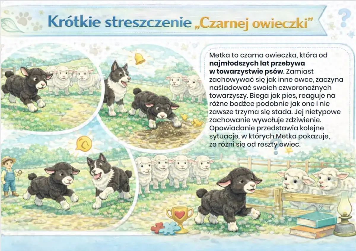 Krótkie streszczenie „Czarnej owieczki”: Metka, czarna owieczka, żyje wśród psów, naśladując ich zachowania. Biega jak pies, nie trzyma się stada, co budzi zdziwienie.