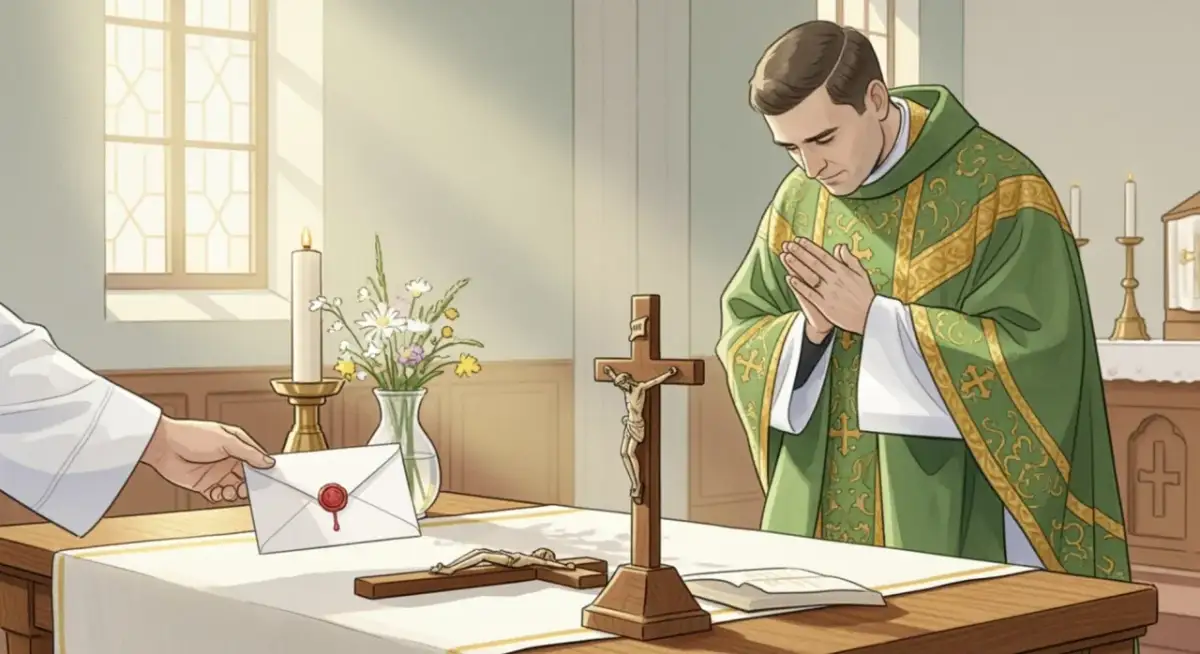 Ksiądz w zielonej szacie modli się przy ołtarzu, a ręka podaje mu kopertę.