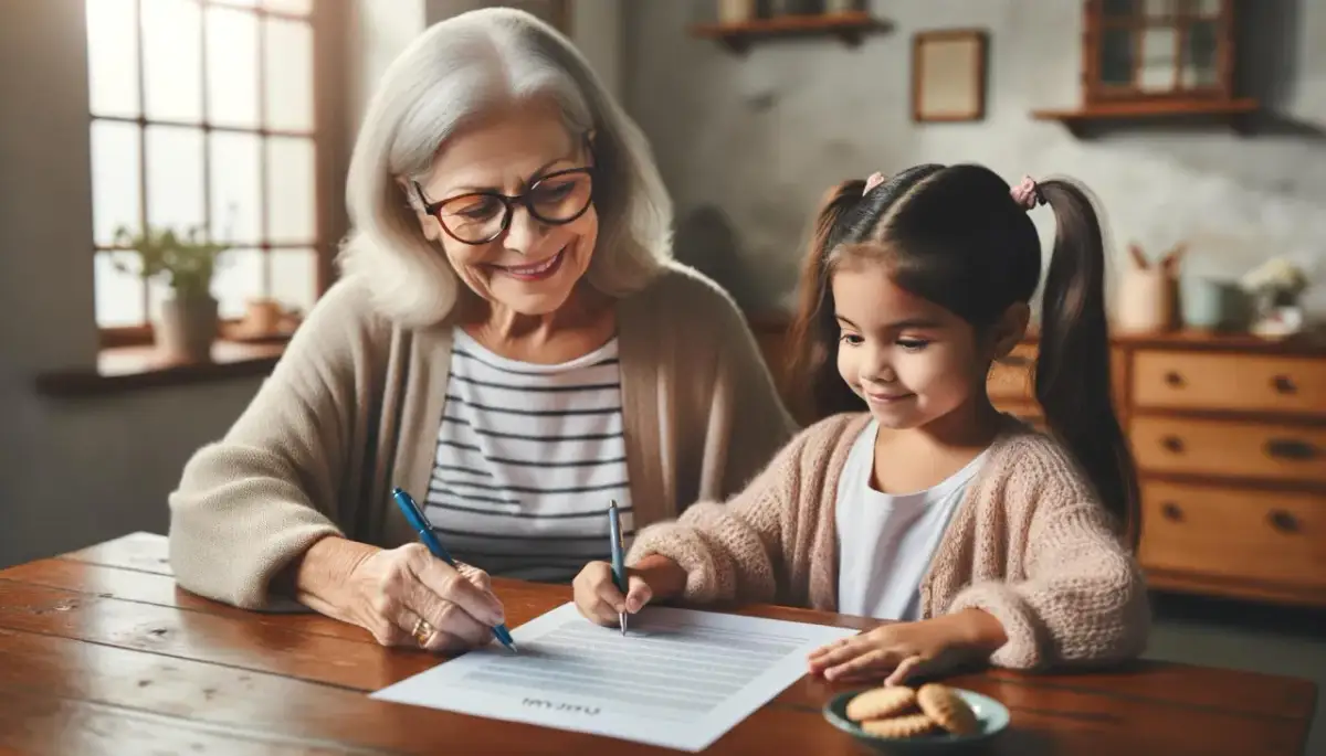 Babcia i wnuczka podpisują umowę. Dziecko uczy się, ile bierze opiekunka do dzieci, a babcia pomaga.