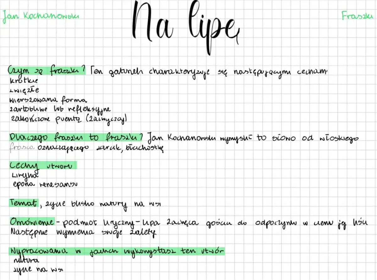 Notatki o fraszkach Jana Kochanowskiego, z naciskiem na "Na lipę" jako przykład. Opis cech gatunku, genezy i tematyki.