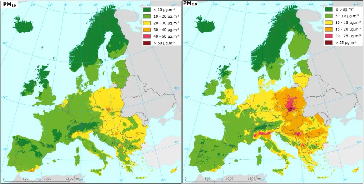 Mapy Europy pokazujące, gdzie występuje smog PM10 i PM2.5. Najwyższe stężenia w Polsce i na Bałkanach.