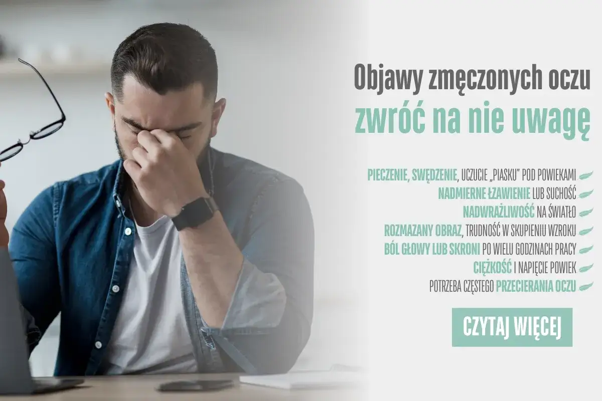 Mężczyzna z bólem głowy i zmęczonymi oczami, objawy takie jak pieczenie, suchość, zamglony obraz, brak zbieżności objawy.