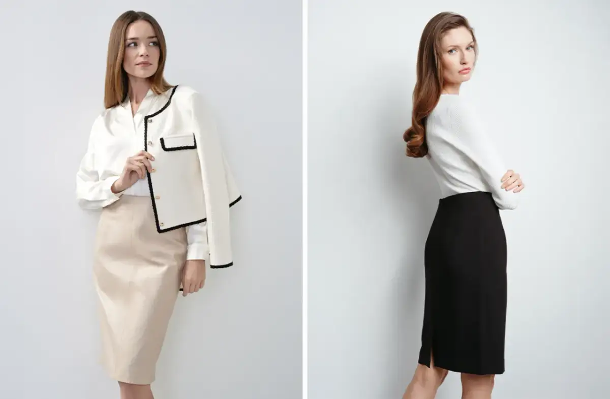 Elegancka biała bluzka z żakietem i beżową spódnicą lub biały sweterek z czarną spódnicą – inspiracje, jaka bluzka do czarnej spódnicy.