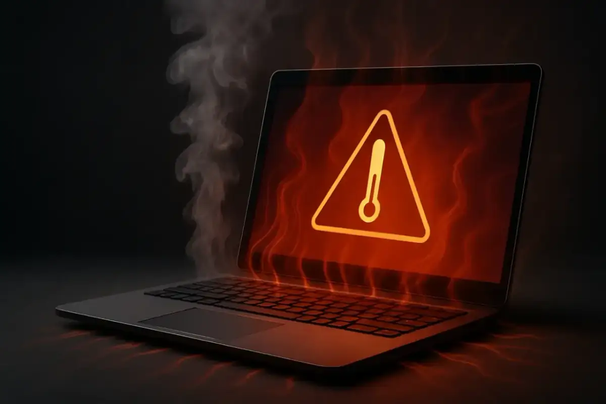 Laptop z dymem i ikoną termometru na ekranie, symbolizujący przegrzewanie.