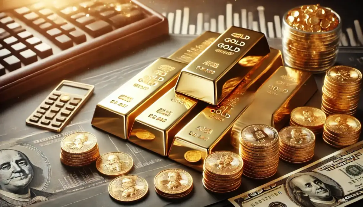 Sztabki złota, monety i banknoty dolarowe symbolizują, w jakie złoto inwestować. Kalkulator sugeruje analizę.