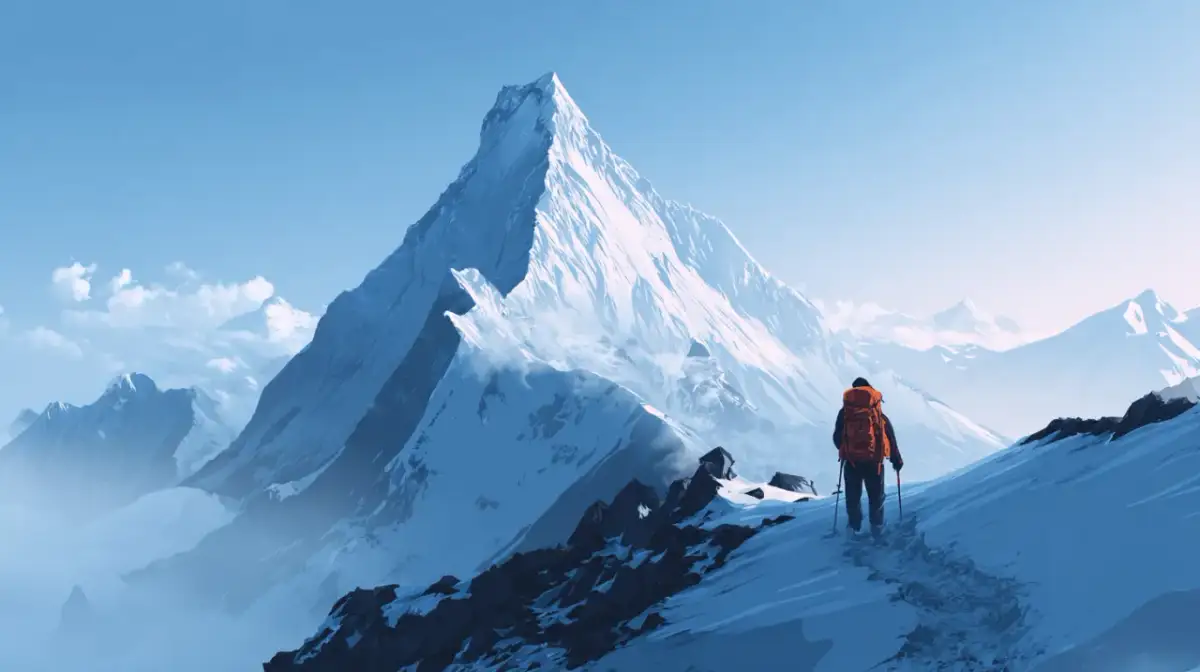 Wspinacz z pomarańczowym plecakiem na tle majestatycznych gór. Inspiracja z książek o wspinaczce.