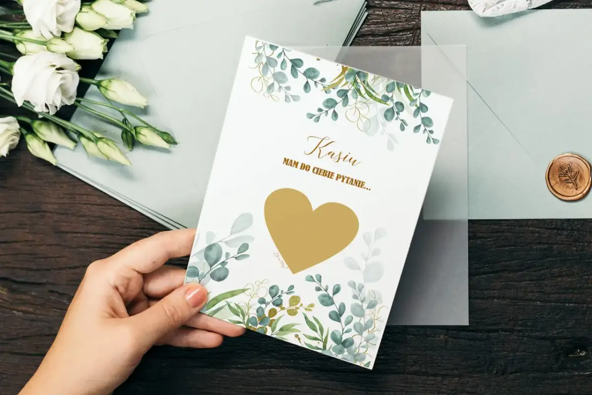 Kasia, mam do ciebie pytanie... czy zostaniesz moją świadkową? Zdrapka z sercem i liśćmi eukaliptusa.