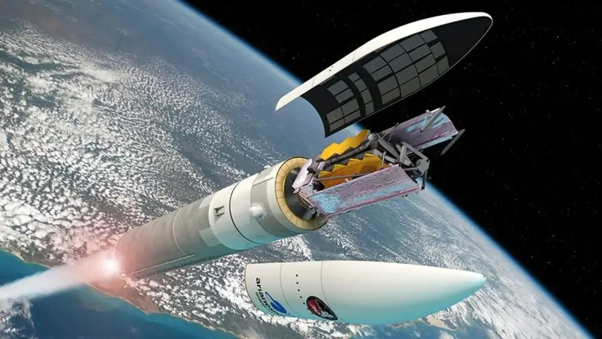 Ilustracja rakiety Ariane 5 wynoszącej teleskop Jamesa Webba na orbitę Ziemi.
