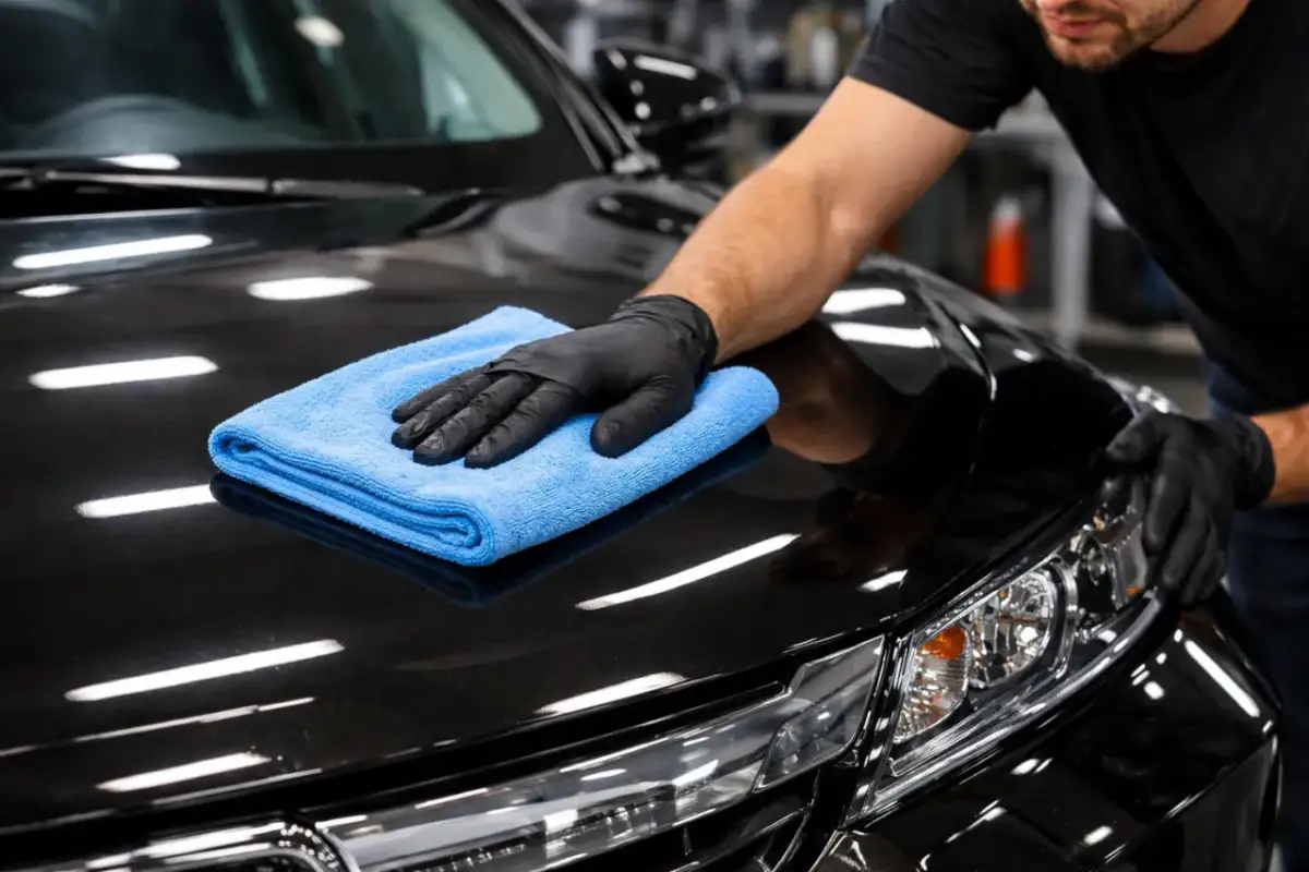 Mężczyzna w czarnych rękawiczkach poleruje czarny lakier samochodu niebieską mikrofibrą po nałożeniu wosku.