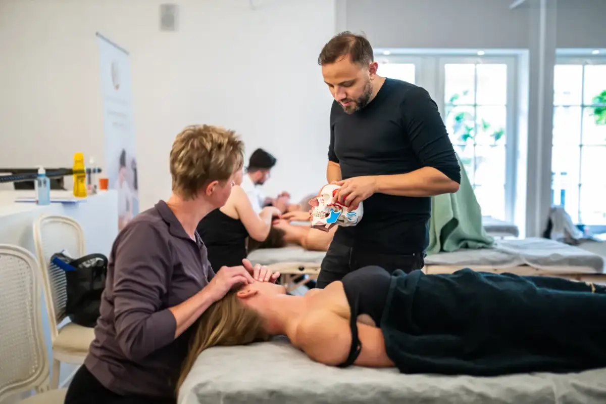 Masaż twarzy: terapeuta pokazuje model czaszki, druga osoba masuje twarz pacjentki.