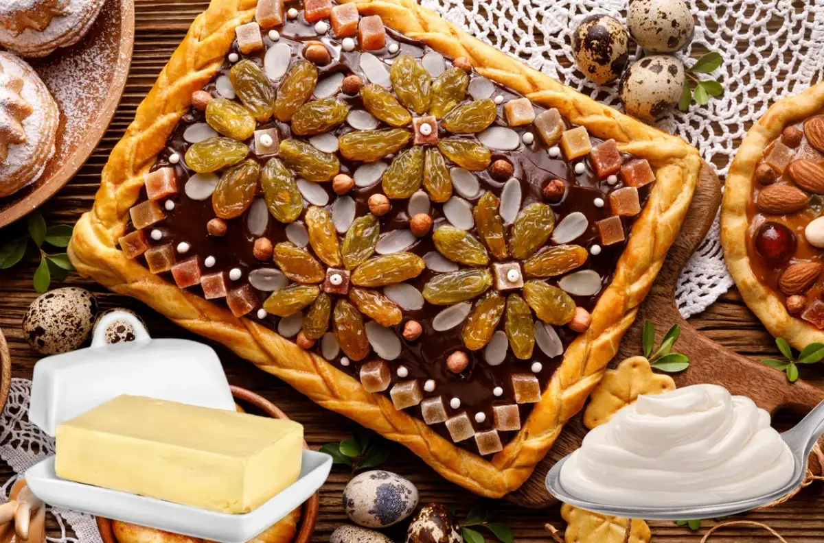 Kruche ciasto przepis: czekoladowa tarta z rodzynkami, migdałami i kandyzowanymi owocami. Obok masło i śmietana.