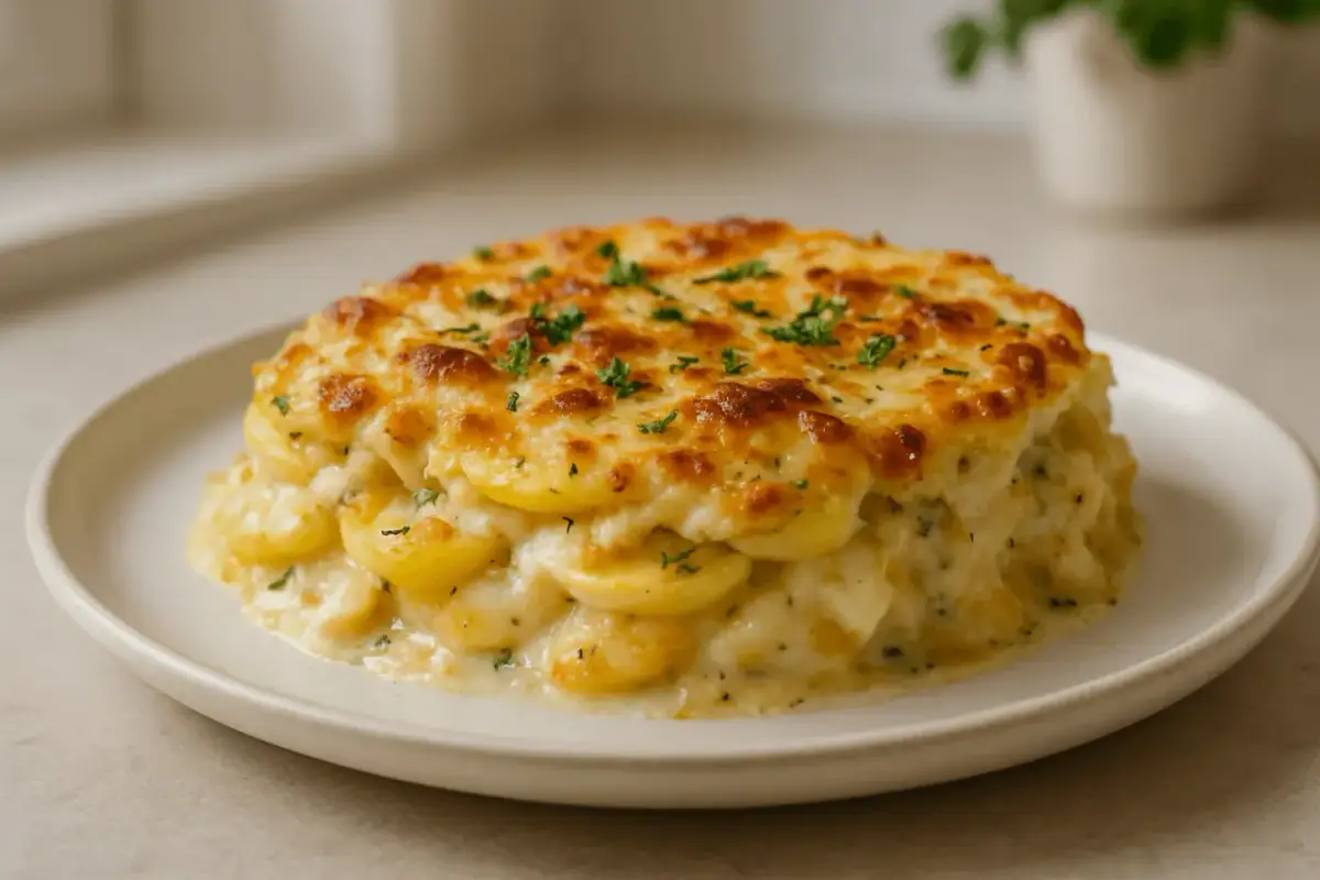 Zapiekanka ziemniaczana z kremowym sosem, idealna na obiad. Pytasz z czego zrobić sos do zapiekanki ziemniaczanej? To połączenie śmietany, sera i ziół.